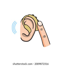 Ayuda de audición. Audiphone y dedo en la oreja. Problemas de audición y discapacidades. Icono de sonido. Ilustración de dibujos animados