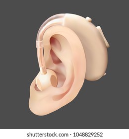 Hearing aid behind the ear, on background of sound wave diagram. Treatment and prosthetics of hearing loss in otolaryngology. Realistic vector illustration. Medicine and health.