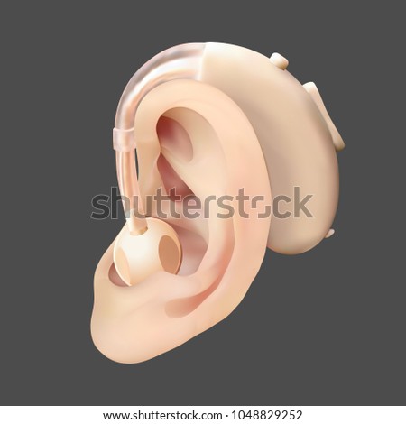 Hearing aid behind the ear, on background of sound wave diagram. Treatment and prosthetics of hearing loss in otolaryngology. Realistic vector illustration. Medicine and health.