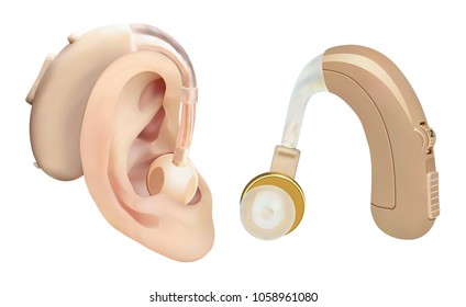 Hearing aid behind the ear. Sound amplifier for patients with hearing loss. Treatment and prosthetics in otolaryngology. Medicine and health. Realistic object. Vector illustration