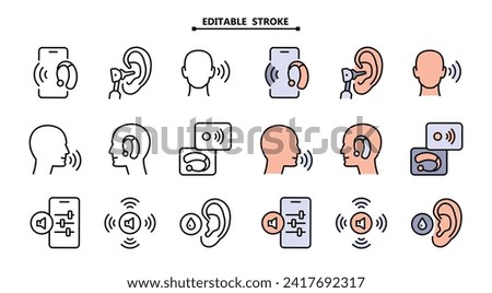 Hearing Aid Collection Icons Set. Editable stroke. Hear Music Earphones And Dynamic, Hearing Device And Volume Button Concept Color Flat Pictograms. Vector Simple Illustration.