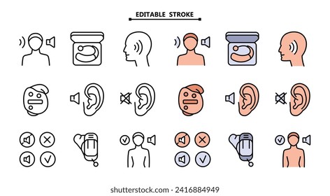 Hearing aid color icons set. Editable stroke. Auditory. Ear and hearing aid. Not listen. Search auditory. Vector Icons Set. Simple Style Pictogram. For better hearing, icon collection.