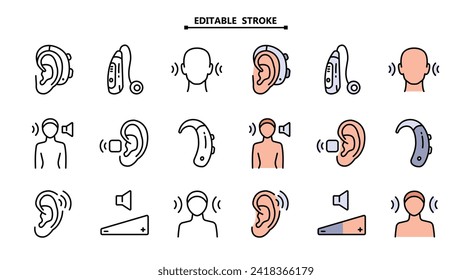 Hearing aid color icons set. Editable stroke. Volume booster for ears, for the deaf old and young. For better hearing, simple icon collection.