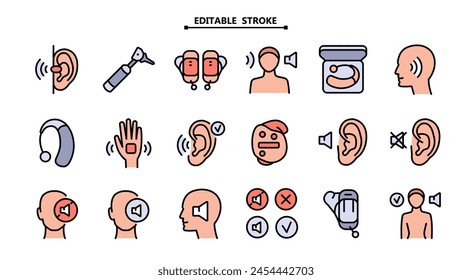 Farbsymbole für Hörgeräte eingestellt. Bearbeitbarer Strich. Lautstärkeregler für Ohren, für Taube, Alte und Junge. Suchen akustisch. Für ein besseres Gehör, Kollektion der Farbsymbole.