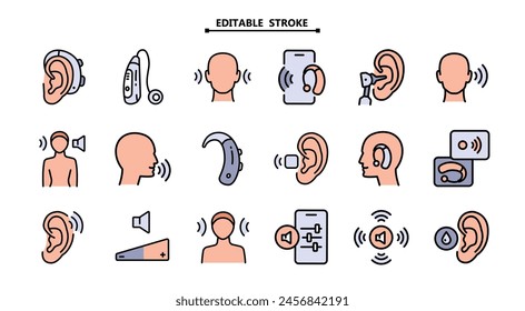 Hearing aid color icons set. Editable stroke. Auditory. Ear and hearing aid. Not listen. Search auditory. Vector Icons Set. Simple Style Pictogram. For better hearing, icon collection.