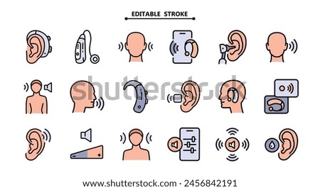 Hearing aid color icons set. Editable stroke. Auditory. Ear and hearing aid. Not listen. Search auditory. Vector Icons Set. Simple Style Pictogram. For better hearing, icon collection.