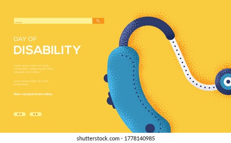 hearing aid concept flyer, web banner, ui header, enter site. Thin line icon style concept design. Grain texture and noise effect. 