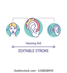 Hearing aid concept icon. Auditory prosthesis. Listening devices. Medical care. Heathcare. Biotechnology idea thin line illustration. Vector isolated outline drawing. Editable stroke