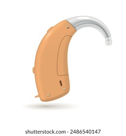 Hearing aid for deaf person disabled medical beige device realistic vector illustration. Hear loss listen sound level acoustic equipment accessory for surgery otolaryngology impairment assistance