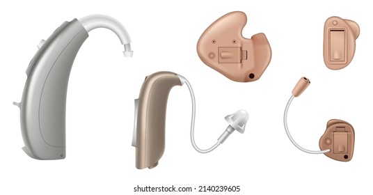 Hearing aid devices set isolated on white background. Different audiology equipment for people with hear loss and medical diagnosis. Realistic 3d vector illustration