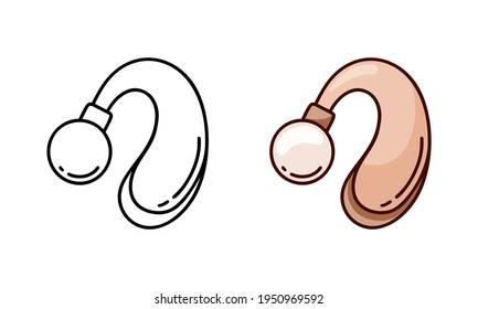 Hearing aid doodle icon. Linear and color version. Black simple illustration of BTE or hearing enhancer. Contour isolated vector pictogram on white background