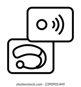 El gadget de ayuda auditiva en el icono de contorno del cuadro de almacenamiento aislado en el fondo blanco. Señal de ayuda auditiva. Símbolo de audición. Ilustración vectorial simple.