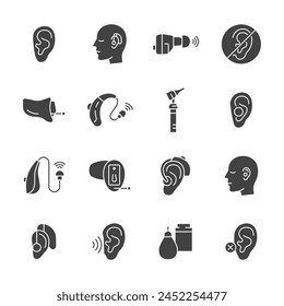 Hearing aid glyph icon set. Hearing problem sign. Vector collection with ear, symbol of deafness, hearing aid, otoscope. 