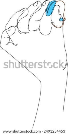 Hearing aid in hand continuous one line drawing on white background. Hearing solutions, BTE hearing aids vector illustration drawn with single line.