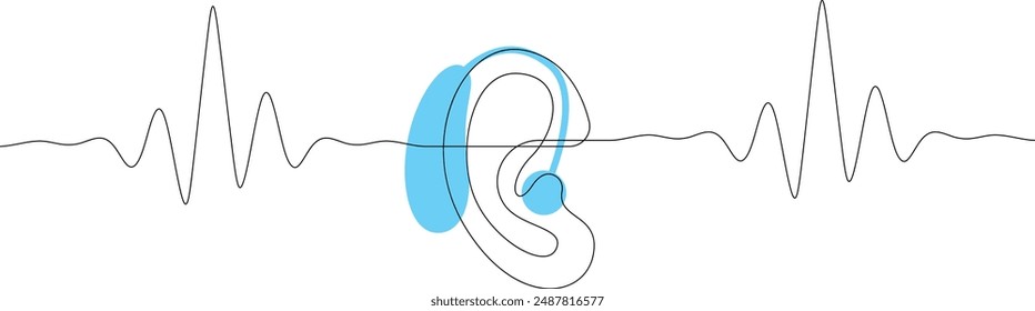 Hearing aid in human ear continuous one line drawing. Hearing device with sound waves minimal single line illustration. International week of the deaf. Vector illustration.