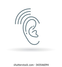 Hearing aid icon. Ear sign. Volume symbol. Thin line icon on white background. Vector illustration.