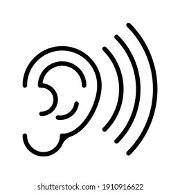 Hearing aid icon. Ear and sound waves black symbol isolated on white background.