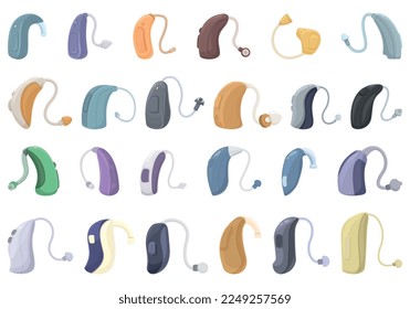 Hearing aid icons set cartoon. Vector illustration of hearing aid ear volume. Loud health