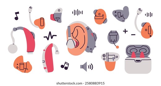 Hearing aid icons set cartoon. Vector illustration of hearing aid ear volume hand drawn doodle flat style isolate on white . Loud health medicine . World hearing day .