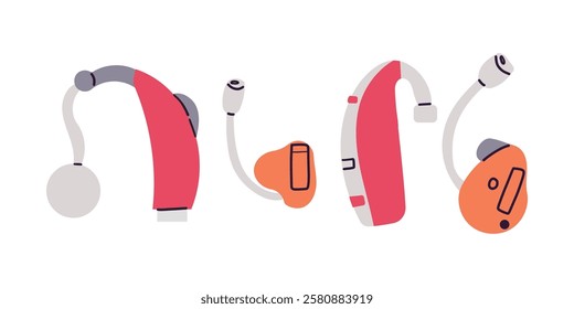 Hearing aid icons set cartoon. Vector illustration of hearing aid ear volume hand drawn doodle flat style isolate on white . Loud health medicine . World hearing day .