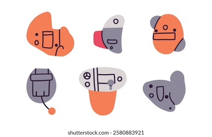 Hearing aid icons set cartoon. Vector illustration of hearing aid ear volume hand drawn doodle flat style isolate on white . Loud health medicine . World hearing day .