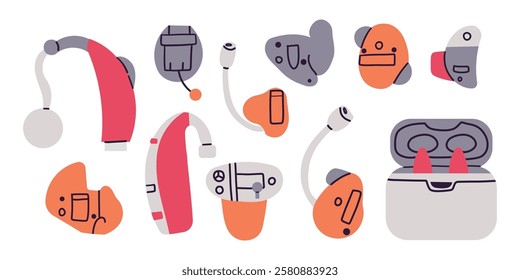 Hearing aid icons set cartoon. Vector illustration of hearing aid ear volume hand drawn doodle flat style isolate on white . Loud health medicine . World hearing day .