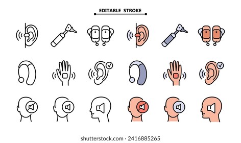 Hearing aid icons set. Editable stroke. Volume booster for ears, for the deaf old and young. Search auditory. For better hearing, color icon collection.