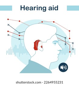 Hearing aid for the hearing impaired and the deaf,with sound wave. Male head with behind the ear aid. Modern vector illustration in flat style