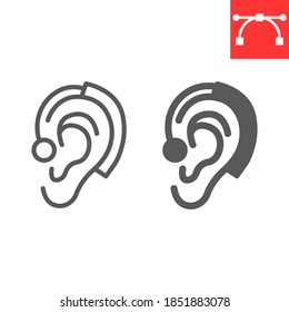 Hearing aid line and glyph icon, disability and deafness, ear sign vector graphics, editable stroke linear icon, eps 10