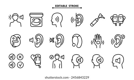 Symbole für Hörgerätezeilen eingestellt. Bearbeitbarer Strich. Auditiv. Ohr- und Hörgerät. Nicht zuhören. Suchen akustisch. Vektorsymbole gesetzt. Einfaches Piktogramm. Für besseres Hören, Icon-Kollektion.