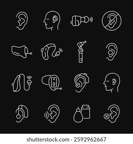 Hearing aid line white icon set on black background. Hearing problem vector collection. Editable stroke.