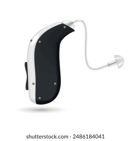 Hearing aid listen loud medical assistance black and white acoustic device realistic vector illustration. Healthcare modern accessory for noise level sound acoustic higher for deaf disabled person