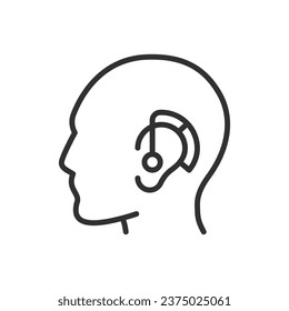 Hearing aid on human ear, linear icon, head. Line with editable stroke