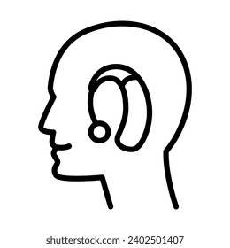Ayuda auditiva sobre el oído humano, icono lineal, cabeza. Vector de icono del contorno de la ayuda auditiva. Signo de estilo lineal aislado en fondo blanco. Ilustración vectorial simple