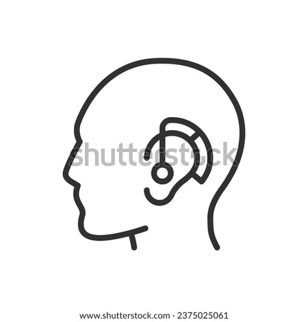 Hearing aid on human ear, linear icon, head. Line with editable stroke