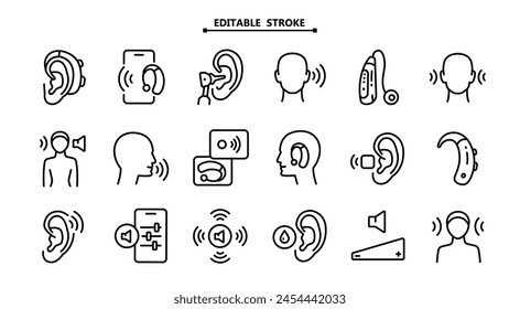 Hearing aid outline icons set. Editable stroke. Volume booster for ears, for the deaf old and young. For better hearing, simple icon collection.