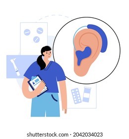 Hearing Aid Technology. Inner And Middle Ear Diagram. Ent Medical Center. Otolaryngologist In Otolaryngology Clinic. Deafness Examination And Treatment. Checkup Of Human Body Flat Vector Illustration.