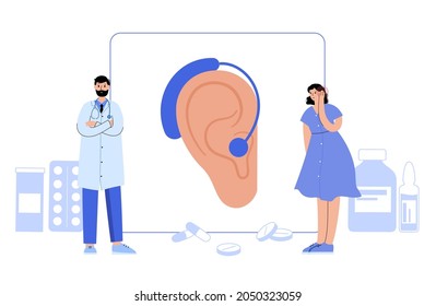 Hearing aid technology. Inner and middle ear diagram. Ent medical center. Otolaryngologist in otolaryngology clinic. Deafness examination and treatment. Checkup of human body flat vector illustration.