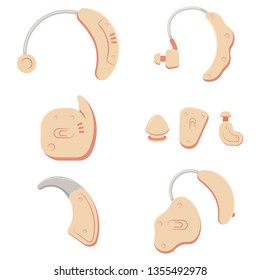 Hearing aids of different types. Vector cartoon set of medical equipment for people with disabilities isolated on white background.