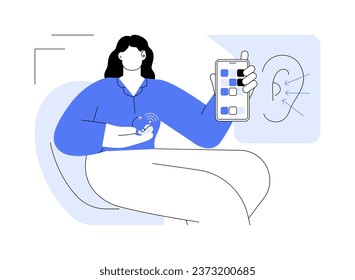 Hearing aids with phone compatibility abstract concept vector illustration. Woman using phone and hearing aids, helping people with disabilities with bionics, deafness problem abstract metaphor.