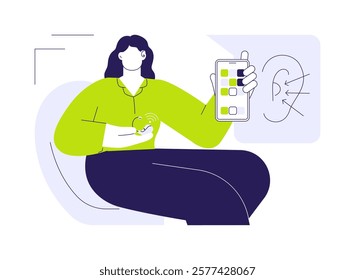 Hearing aids with phone compatibility abstract concept vector illustration. Woman using phone and hearing aids, helping people with disabilities with bionics, deafness problem abstract metaphor.