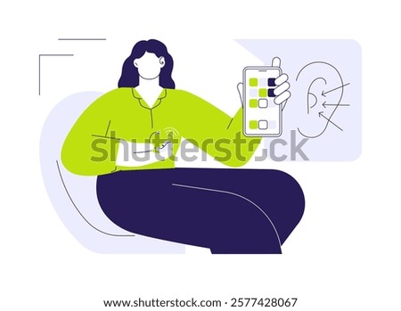 Hearing aids with phone compatibility abstract concept vector illustration. Woman using phone and hearing aids, helping people with disabilities with bionics, deafness problem abstract metaphor.