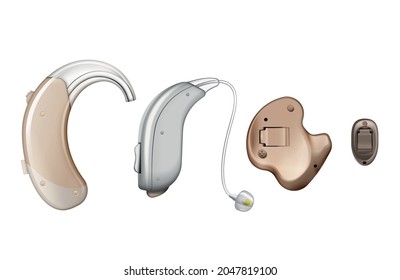 Hearing aids realistic set of isolated electronic ear hocks for acoustically challenged people on blank background vector illustration