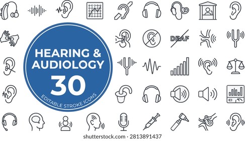 Hearing and audiology icon set featuring medical equipment and ear health symbols for healthcare with collection thirty linear icons related hearing Editable Stroke.