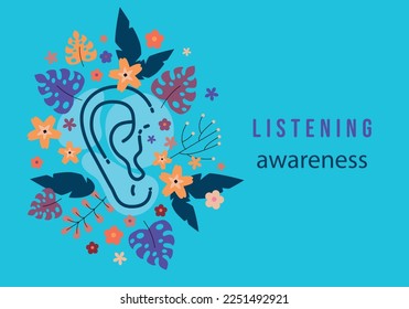 Hearing awareness, world map. International Ear Care Day.  Ear and flower. Medical background vector illustration