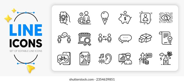 Hearing, Best market and Approved agreement line icons set for app include Developers chat, Artificial intelligence, Piggy bank outline thin icon. Report document, Consulting business. Vector