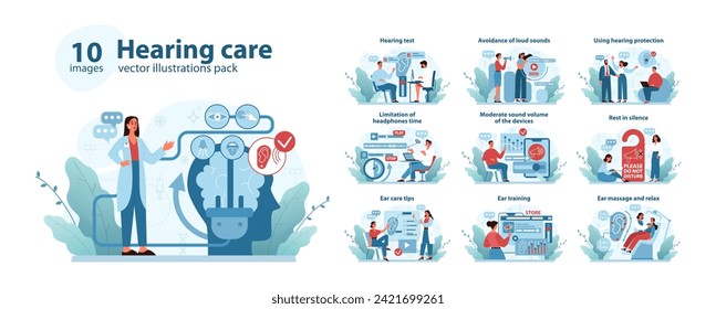 Hearing Care Concept set . Comprehensive vector illustrations depicting various aspects of auditory health, including testing, treatments, and relaxation techniques. Flat vector illustration.