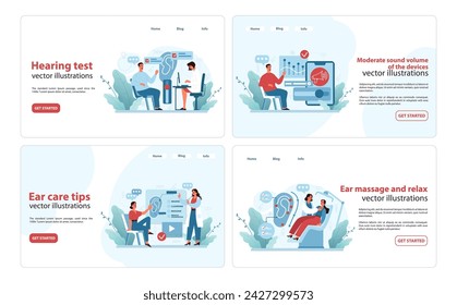 Hearing Care Digital Suite. A collection of vector illustrations ideal for web use, showcasing hearing tests, sound management, and ear care techniques. Flat vector illustration.