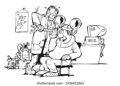 Hearing care professional mounting an old fashioned hearing aid on a customer.