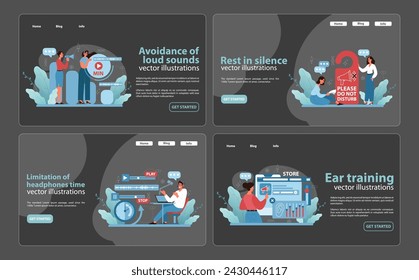 Hearing Care Web Graphics Set. Web-friendly vector illustrations offering guidance on avoiding loud sounds, resting in silence, headphone use, and ear training. Flat vector illustration.